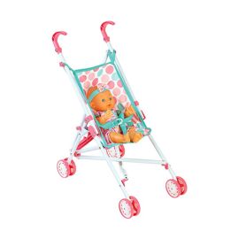 Poupon de 33 cm avec sa poussette canne à pois - Rose