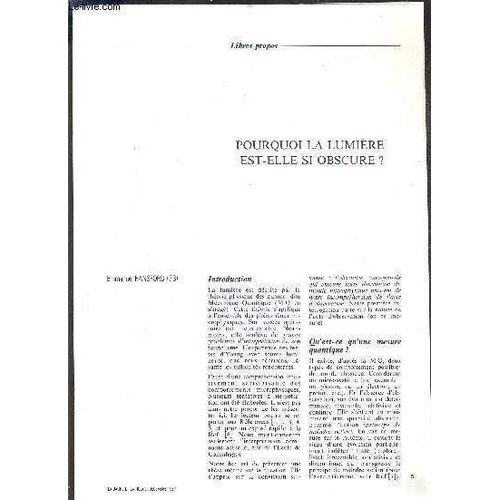 Pourquoi La Lumiere Est Elle Si Obscure ? - Libres Propos / La Jaune Et La Rouge Decembre 1987.