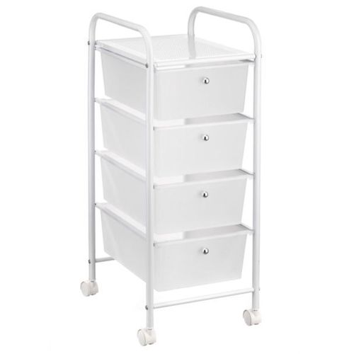 Caisson Sur Roulettes Gina Chariot Avec 4 Tiroirs En Plastique Blanc Transparent Et 1 Étagère, Rangement Salle De Bain Métal Blanc