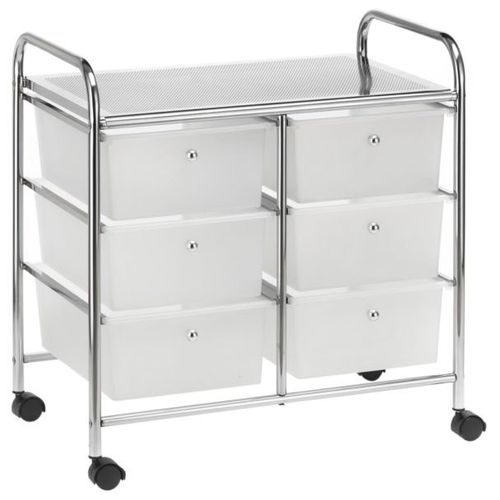 Caisson Sur Roulettes Gina Chariot Avec 6 Tiroirs En Plastique Blanc Transparent Et 1 Étagère, Rangement Salle De Bain Métal Chromé