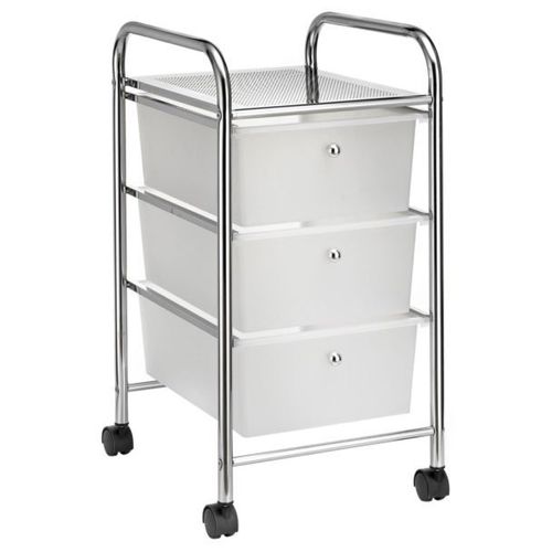 Caisson Sur Roulettes Gina Chariot Avec 3 Tiroirs En Plastique Blanc Transparent Et 1 Étagère, Rangement Salle De Bain Métal Chromé
