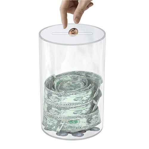 Tirelire Transparente Cylindrique en Acrylique Durable, Boîte de Rangement pour Pièces de Monnaie et Billets