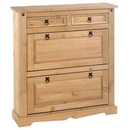 Meuble À Chaussures Tequila Style Mexicain Armoire 2 Abattants Et 2 Tiroirs Rangement 16 Paires, Pin Massif Finition Teintée/Cirée