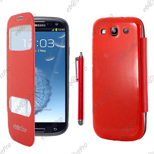 Ebeststar ® Housse Coque Etui Smart View Cover Type S-View Portefeuille Livre Pour Samsung Galaxy S3 I9300 I9305, Couleur Rouge + Stylet + Film Protection D'écran