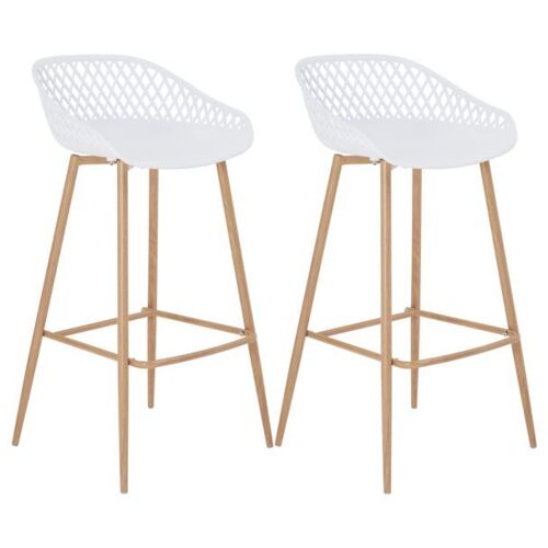 Lot de 2 tabourets de bar IREK chaise haute cuisine ou comptoir au design retro en plastique blanc et métal décor bois, assise 75 cm