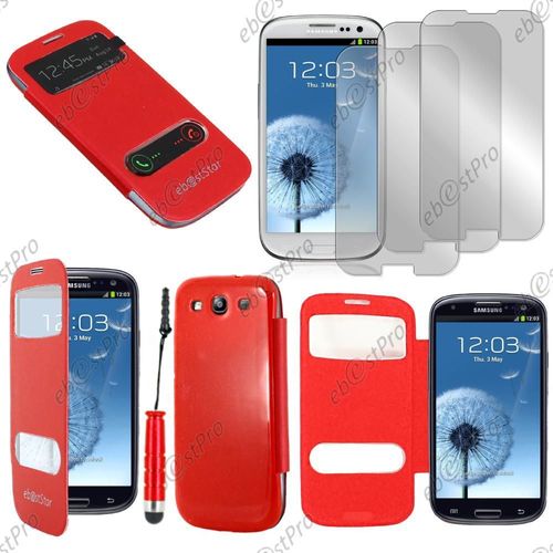 Ebeststar ® Housse Coque Etui Smart View Cover Type S-View Portefeuille Livre Pour Samsung Galaxy S3 I9300 I9305, Couleur Rouge + Mini Stylet 3 Film