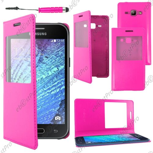 Ebeststar ® Housse Coque Etui Smart View Cover Type S-View Portefeuille Livre Pour Samsung Galaxy J1 Sm-J100f, Couleur Rose + Mini Stylet + Film Protection D'écran
