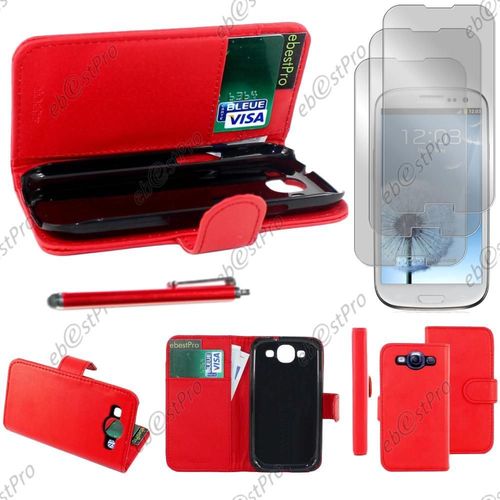 Ebeststar ® Housse Coque Etui Portefeuille Folio Book Livre Simili Cuir Pour Samsung Galaxy S3 I9300 I9305, Couleur Rouge + Stylet 3 Film
