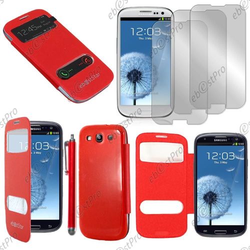 Ebeststar ® Housse Coque Etui Smart View Cover Type S-View Portefeuille Livre Pour Samsung Galaxy S3 I9300 I9305, Couleur Rouge + Stylet 3 Film