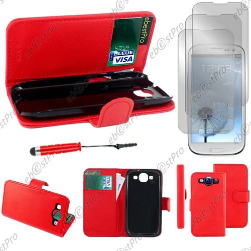 Ebeststar ® Housse Coque Etui Portefeuille Folio Book Livre Simili Cuir Pour Samsung Galaxy S3 I9300 I9305, Couleur Rouge + Mini Stylet 3 Film