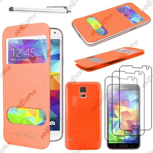 ebestStar ® Housse Coque Etui Smart View Cover type S-View Portefeuille Livre pour Samsung Galaxy S5 SM-G900F, G900, G900H, Couleur Orange + Stylet 3 Film