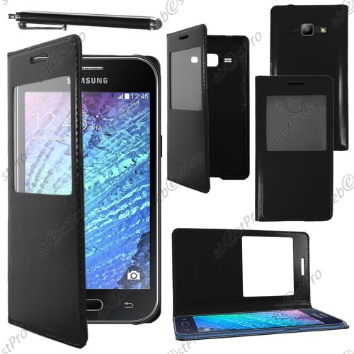 Ebeststar ® Housse Coque Etui Smart View Cover Type S-View Portefeuille Livre Pour Samsung Galaxy J1 Sm-J100f, Couleur Noir + Stylet + Film Protection D'écran