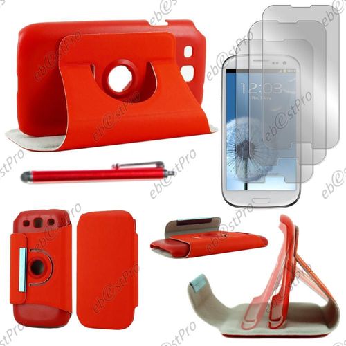 Ebeststar ® Housse Coque Etui Pu Cuir Rotatif Avec Support À Rotation 360° Pour Samsung Galaxy S3 I9300 I9305, Couleur Rouge + Stylet 3 Film