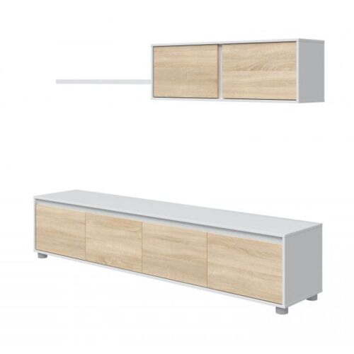Meuble TV ELODIE 4 portes avec étagère murale L200cm - Blanc / Bois