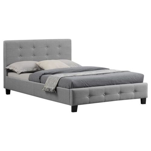 Lit simple pour adulte JOLIEN avec sommier 120x190 cm 1 place et demi, tête et pied de lit capitonnés avec strass, en tissu gris