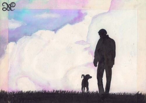 Peinture Originale Painting Homme Ami Fidèle Chien Dog Man Friend Paysage Pg141