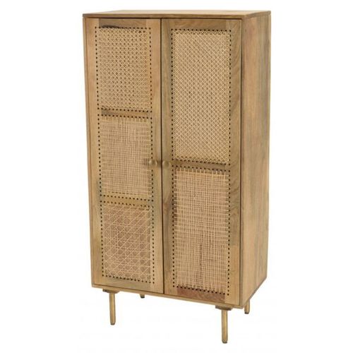 Buffet Haut 2 Portes 70x38x138 Cm En Bois Et Rotin Naturel - Kozal