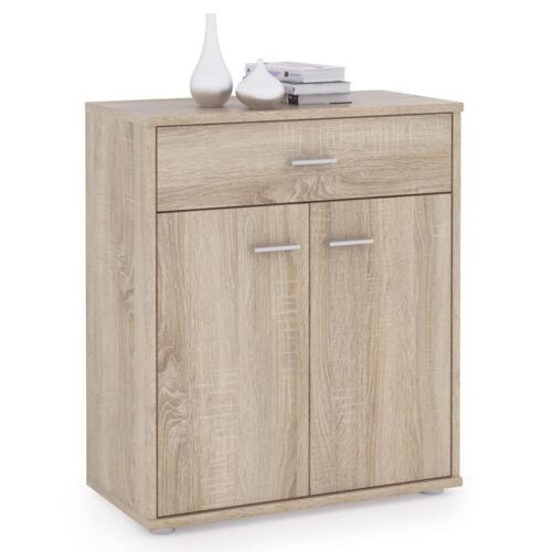 Buffet MONACO, commode meuble de rangement avec 1 tiroir et 2 portes, en mélaminé décor chêne sonoma