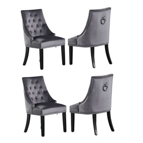 Windsor - Lot De 4 Chaises Capitonnées En Velours Gris Foncé - Style Classique & Design - Pieds En Bois - Salle À Manger, Salon Ou Coiffeuse