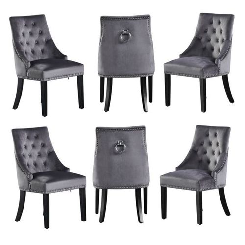 Windsor - Lot De 6 Chaises Capitonnées En Velours Gris Foncé - Style Classique & Design - Pieds En Bois - Salle À Manger, Salon Ou Coiffeuse