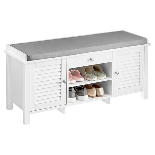 SoBuy FSR83-W Banc de Rangement avec Coussin Rembourré Meuble Bas Entrée Commode à Chaussure Banquette Confortable avec 1 Tiroirs, 2 Portes et 2 Etagères