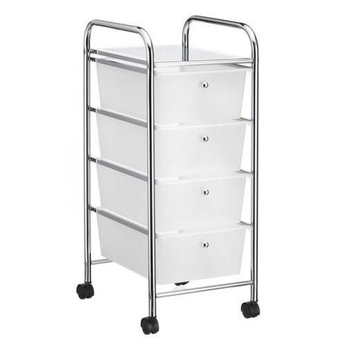 Caisson Sur Roulettes Sano Chariot Avec 4 Tiroirs En Plastique Blanc Transparent Et 1 Étagère, Rangement Salle De Bain Métal Chromé