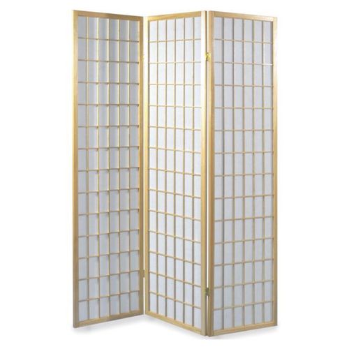 Paravent PARA-1 séparateur de pièce avec structure en bois vernis naturel et 3 panneaux repliables en papier de riz
