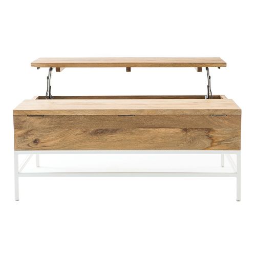 Table Basse Relevable Rectangulaire Bois Clair Manguier Massif Et Métal Blanc L110 Cm Boho