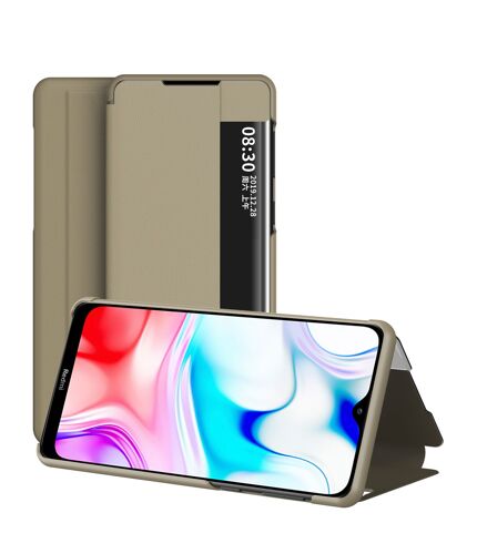 Coque Xiaomi Redmi 8,Etui pour téléphone Xiaomi Redmi 8 avec fenêtre intelligente et fonction veille/réveil automatique de l'écran,Housse de protection antichoc en cuir PU,Armée Verte