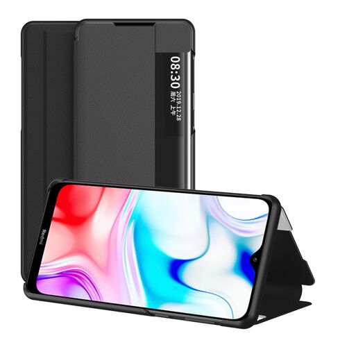 Coque Xiaomi Redmi 8,Etui pour téléphone Xiaomi Redmi 8 avec fenêtre intelligente et fonction veille/réveil automatique de l'écran,Housse de protection antichoc en cuir PU,Noir