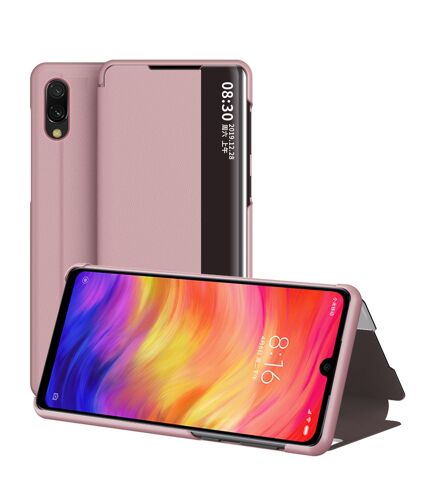 Coque Xiaomi Redmi Note 7,Etui pour téléphone Xiaomi Redmi Note 7 avec fenêtre intelligente et fonction veille/réveil automatique de l'écran,Housse de protection antichoc en cuir PU,Rose
