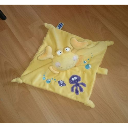 Doudou Plat Crabe Mots D'enfants Jaune 30cmx 30cm