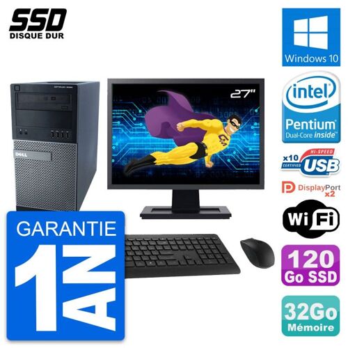 PC Tour Dell 9020 Ecran 27" Pentium G3220 RAM 32Go SSD 120Go Windows 10 Wifi
