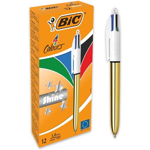 Bic Lot De 12 Stylos À Bille Rétractable 4colours Shine Gold Pointe Moyenne