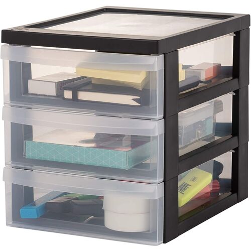 Iris Ohyama, 135803 Lot de 2 mini tours de rangement / organiseurs de bureau à 3 tiroirs - Design Chest - DC-A5, plastique, noir/transparent, 3 x 2 L, 25,8 x 19,1 x 22 cm
