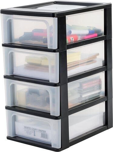 Iris Ohyama, Tour de rangement, organiseur, 4 tiroirs de 7 L, format A4, transparent, bureau, salon - Organizer Chest OCH-2004 - Noir