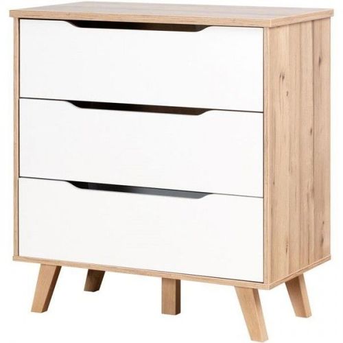 Commode 3 Tiroirs - Décor Chene Et Blanc Mat - Pieds En Massif - Scandinave L 80 Cm - Vankka