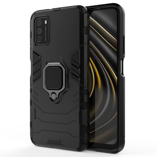 Saturcase Coque Pour Xiaomi Poco M3, Bague Béquille Hybride 2 En 1 [Pc & Silicone] Double Couche Pare-Chocs Antichoc Protecteur Housse Étui Coque Pour Xiaomi Poco M3 (Noir)
