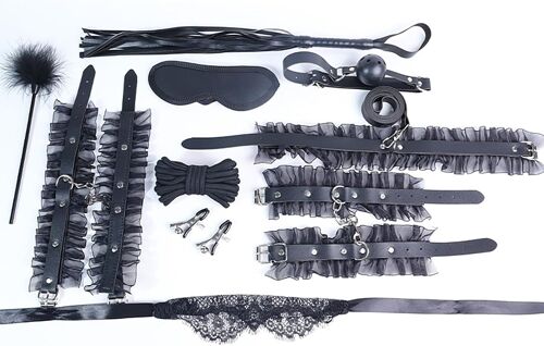 Kal-Bdsm Bondage Kit Attaches Sextoys Pour Couples Menottes Pieds Fouet Menottes Lit Extrême Sm Maid Dentelle Sex T (Black 10-Piece Set)