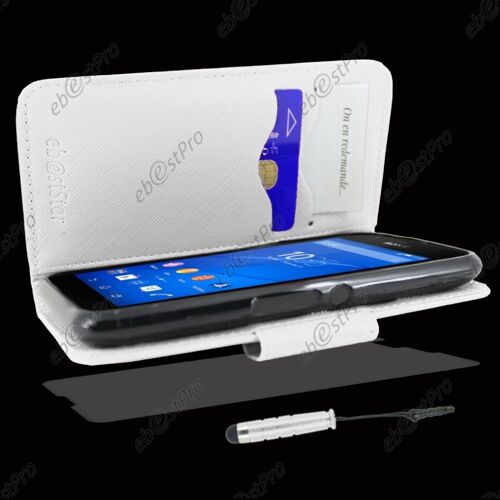 Ebeststar ® Housse Coque Etui Portefeuille Folio Book Livre Simili Cuir Pour Sony Xperia E4g, E4g Dual, Couleur Blanc + Mini Stylet + Film Protection D'écran