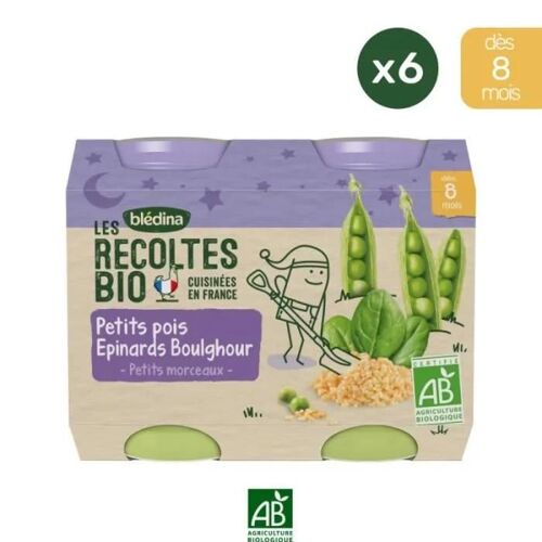 12 Petits Pots Petits Pois, Epinards, Boulghour 6x(2x200g) - Les Récoltes Bio Dès 8 Mois