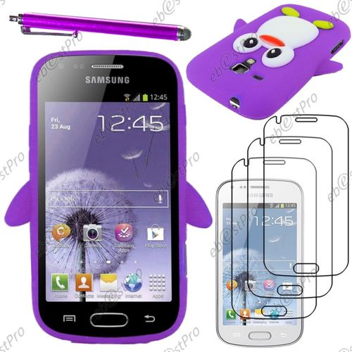 Ebeststar ® Etui Housse Coque Pingouin Silicone Souple Design Fun Pour Samsung Galaxy Trend S7560, S Duos S7562, Couleur Violet + Stylet 3 Film