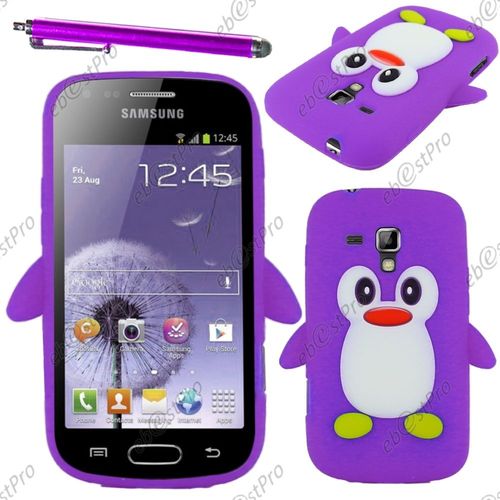 Ebeststar ® Etui Housse Coque Pingouin Silicone Souple Design Fun Pour Samsung Galaxy Trend S7560, S Duos S7562, Couleur Violet + Stylet + Film Protection D'écran