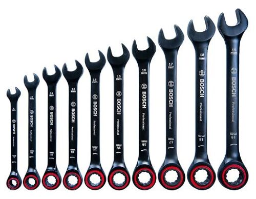 Bosch Professional Set de 10 Clés Mixtes à Cliquet en Acier et Chrome Vanadium (8 -19 mm, dans Etui)