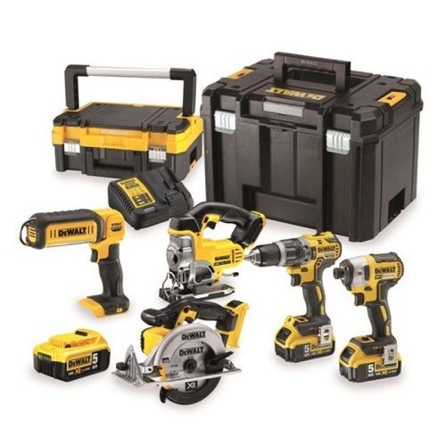DeWALT Kit 5 outils 18 Volts Perceuse-visseuse + visseuse à chocs + scie sauteuse + scie circulaire DCS391 + Lampe Dewalt DCK551