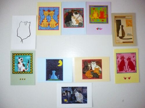 Lot 10 Cartes Postales Chats Illustration Cats