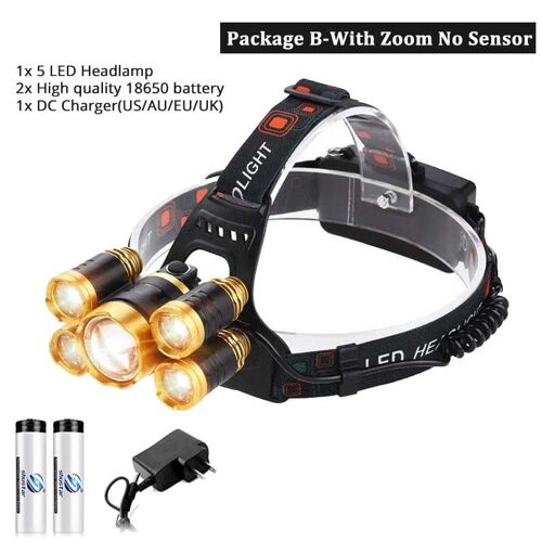 Forfait B-5 Led - Lampe Frontale Étanche Rechargeable Haute Puissance Avec Capteur Zoom 18650, Lanterne De Camping, Pêche