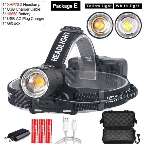 Lumière Blanche-6000k - Lampe Frontale Led La Plus Puissante, Jaune Ou Blanc, 8000lm, Xhp70.2, Xhp70, Phare Led, Pêche, Camping, Zoom, Utiliser 3 Batteries 18650