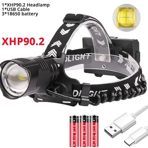 Paquet H-Xhp90.2 - Lampe Frontale Étanche À Led Xhp90.2, Alimentée Par Batterie 18650, Puissante Lampe Torche Rechargeable Par Usb, Fonction Zoom, Idéale Pour La Pêche, 8000lm, Mise À Niveau
