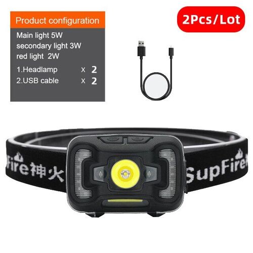 Hl16-2pcs - Lampe Frontale Led Cob Hl16, 500 Lumens, Rechargeable Par Usb, Avec Batterie Intégrée, Capteur De Mouvement